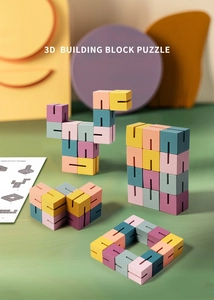 Macro view of 3D building block puzzle pieces with unique interlocking notch design