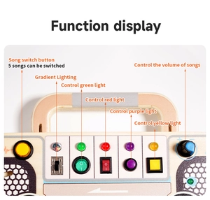 Detail view of the wooden busy board featuring LED switches and volume control buttons