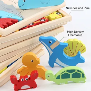 3D wooden cartoon animal puzzle made of New Zealand pine wood for toddler education