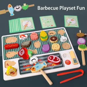 Kids Wooden Simulation BBQ Grill Toy Set Montessori Role Play Pretend Play Kitchen Food Toy For Toddlers Educational Gift