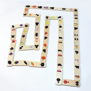 Educational wooden domino matching puzzle with colorful animal and fruit shadow designs