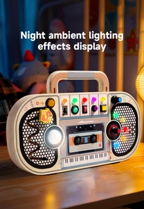 Wooden busy board with colorful LED lights and toggle switches in warm night ambient lighting