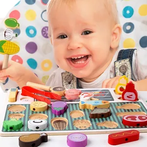 Kids wooden BBQ play set with realistic food pieces and a child playing happily