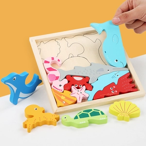 Educational wooden ocean animal puzzle with thick blocks for toddlers and kids