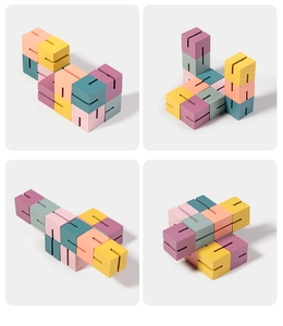 Macro detail of colorful wooden interlocking blocks showing unique puzzle structures