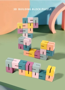 Macro view of macaron-colored 3D interlocking puzzle cubes with precision slots