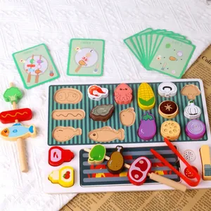 Kids wooden BBQ grill toy set with food accessories and order cards for pretend play