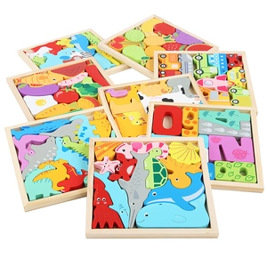 Educational wooden puzzle set for toddlers featuring colorful animals and shapes on white background