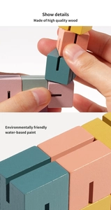 Detail of colorful wooden 3D blocks showing assembly process and eco-friendly texture