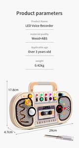 Detailed specs of the wood LED voice recorder toy with dimensions 29x17.8x4.7cm