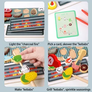 Educational wooden BBQ toy set for kids with play food skewers and grill accessories