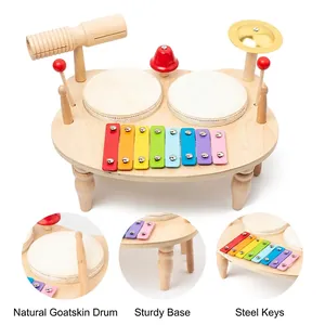 Multifunctional wooden musical toy set for toddlers with drum, xylophone and cymbals