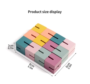 Detailed size view of colorful 3D wooden blocks measuring 8x6x2cm with interlocking design