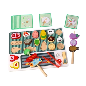 Educational wooden BBQ role-play toy set for children with assorted colorful food pieces