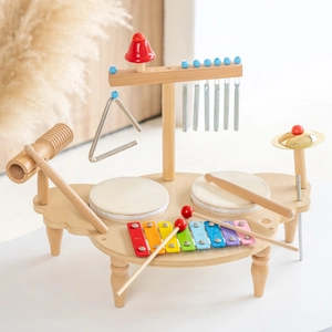 Multifunctional wooden percussion set for kids including drums, xylophone and chimes