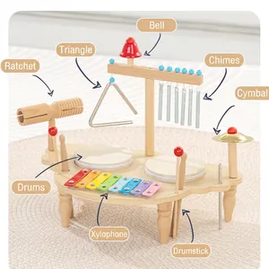 8-in-1 wooden musical instrument set for kids featuring xylophone, drum and bells