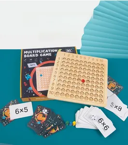 Detail view of wooden multiplication board game set with colorful cards and game dice