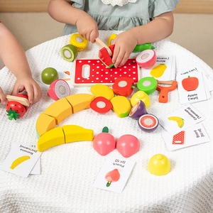 Holz-Obst-Schneidespielzeug Set mit Magneten, Schneidbrett und Lernkarten für Kinder