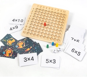Detailed view of the 10x10 wooden multiplication board with colorful pawns and cards