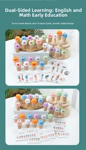 Close-up of 26 wooden ice cream blocks and 10 educational cards for early math learning