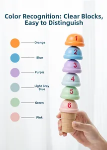 Detail showing hand stacking colorful numbered wooden ice cream balls on a cone