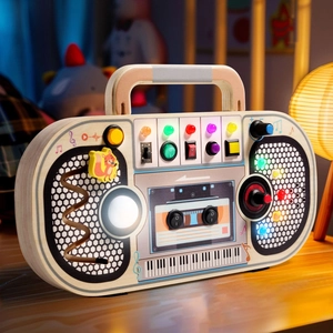 Educational wooden busy board radio toy with LED lights and switches for toddler motor skills