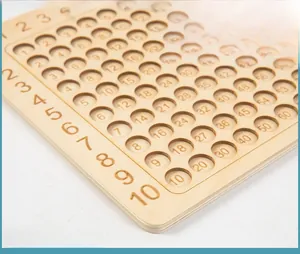 Detail of wooden multiplication board showing heat transfer printed numbers and grooves