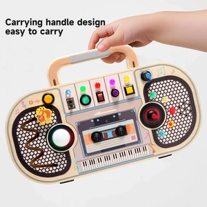 Wooden busy board sensory toy with LED lights and handle for toddler early learning
