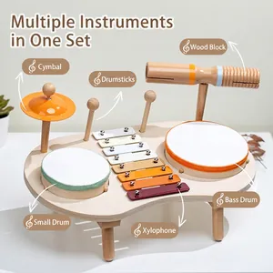 Batteria multifunzionale in legno per bambini incluso xilofono e set di percussioni colorate