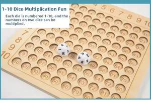 Macro detail of wooden multiplication board with two 10-sided dice for early math learning