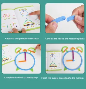 DIY educational building blocks showing four step-by-step assembly guides with colorful parts