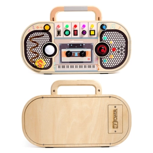 Wooden Montessori busy board for kids featuring LED lights and switches in retro radio style