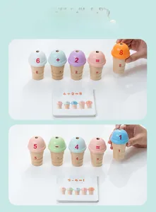 Detail of wooden ice cream math toys with colorful scoops and addition subtraction cards