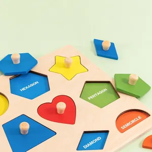Wooden geometric puzzle board with colorful shapes and handles for early childhood learning