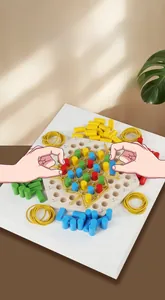 Detailed top view of a wooden chain triangle chess set with colored pegs and rubber bands