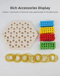 Detailed set including hexagon wooden board, 84 colored pegs, and rubber bands for game