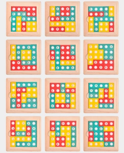 Detail of wooden tetris blocks with numbers two, three, and four for logic training