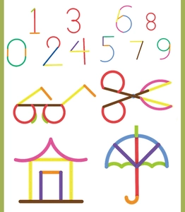 Creative DIY building block set showing various shapes like numbers and tools in many colors
