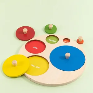 Educational wooden shape sorter toy with colorful geometric circles for toddler learning