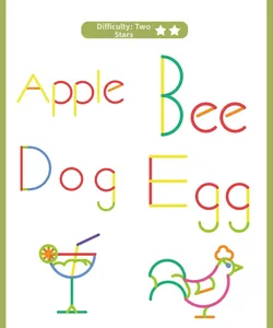 Detail of colorful plastic building blocks forming Apple Bee Dog Egg and patterns