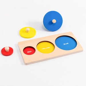 Montessori wooden geometric shape puzzle with red, yellow and blue knobs for kids