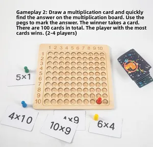 Detail of wooden multiplication table board with colorful game pieces and math flashcards