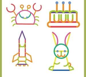 Detail view of colorful flexible building sticks showing crab, cake, rocket and rabbit models