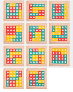 Detail of colorful wooden logic puzzle showing different levels and numbered blocks