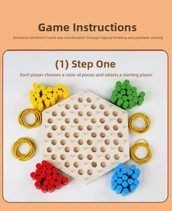 Detail of wooden game board with pegs, colored pegs, and rubber bands for logic play