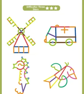 Creative DIY building block set showing windmill and vehicle models with 3-star difficulty