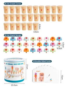 Detailed overview of wooden alphabet ice cream scoops and cones with storage bucket
