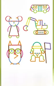 Educational building blocks set showing DIY dinosaur, bus, bear and owl creative shapes