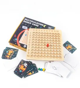 Detail of wooden multiplication board with dinosaur cards, dice, and colored pawns