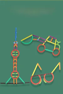 Colorful building blocks set featuring creative models of a tower, excavator and glasses